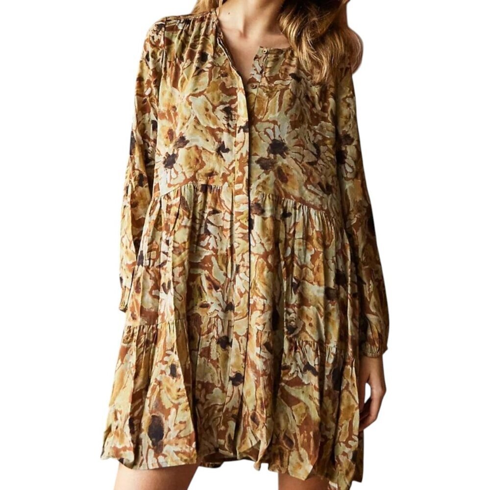 Wilfred Patterned Light Brown Long Sleeve Flowy Mini Dress Sz S